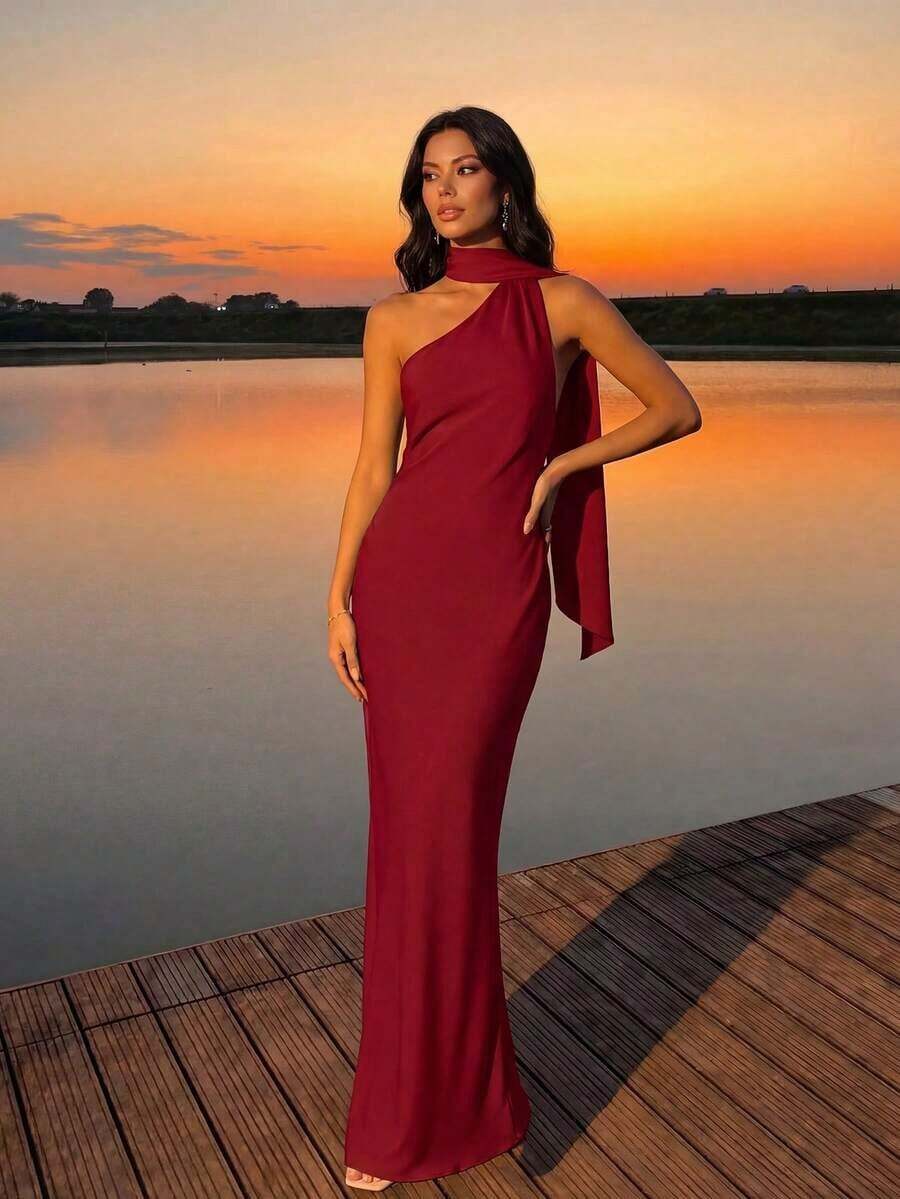 Vestido largo de satén azul nebuloso con cuello de bufanda sin mangas y ajustado para mujer, ideal para bodas y primavera - Burdeos - Ver 1