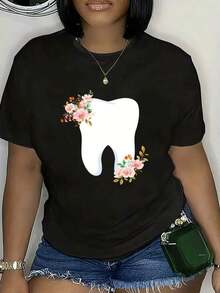 Camiseta de manga corta para mujer - Camiseta casual con estampado gráfico - Transpirable, lavable aáquina, cuello redondo, manga corta con diseño dental único, negra, ropa casual. |   Tabla de Dientes Florales |   Camiseta de manga corta con estampado floral para mujer, de textura suave, ligera y elástica, con cuello redondo, estilo casual para actividades al aire libre y ropa de calle. - Negro - Ver 6
