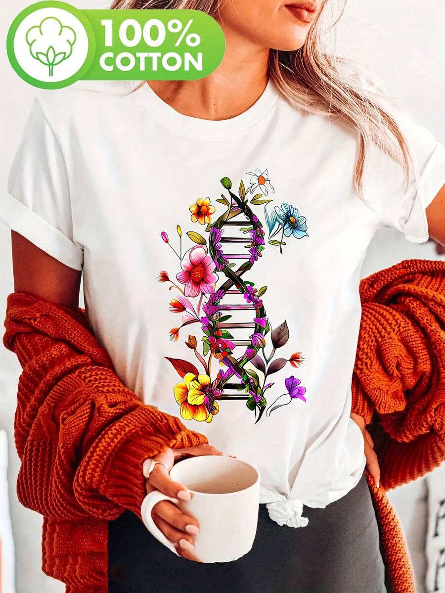 Women's Science And Botany T-Shirt - Short Sleeve With Round Neck And Floral Molecular Print (DNA Double Helix) - Casual Biochemistry Clothing For Teachers And Science Enthusiasts - [白色的] - 查看 1