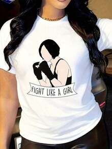Women's Boxing Graphic Tee - Fight As A Motto - Black Sports T-Shirt, Crew Neck, Short Sleeve For Gym, Casual And Everyday Wear - Non-See-Through Workout Shirt For Female Boxers And Empowered Women, Boxing Fan Apparel, Empowering Statement Shirt, Non-See-Through Fabric - 白色的 - 查看 5