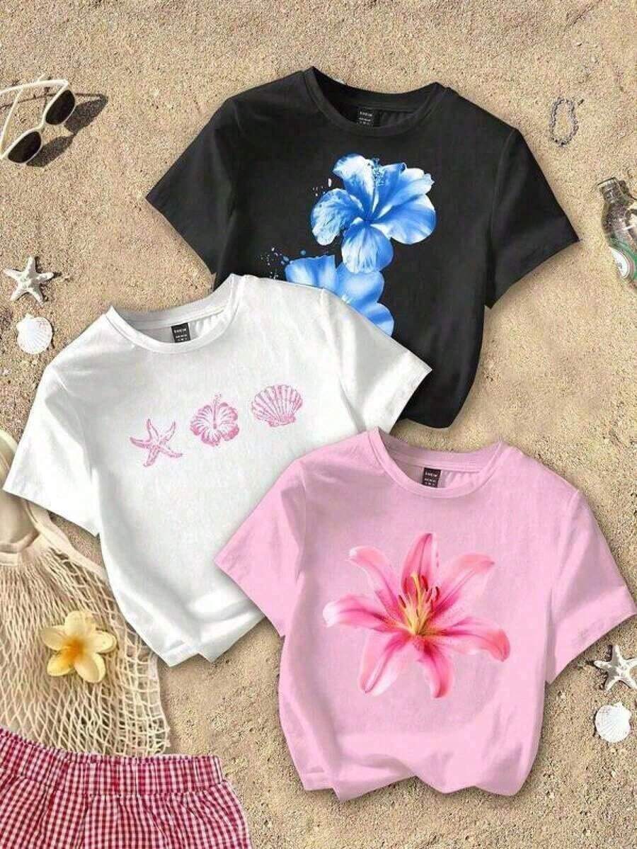 3-Piece New Fashion Styles Casual Cotton T-Shirt For Women. Sporty And Suitable For Spring, Summer, Autumn, And Winter Wear. Women's Short-Sleeved, Round-Neck, Fitted, And Cropped T-Shirts With A Minimalist Tropical Print, Perfect For Relaxed Vacations And Featuring Hibiscus, Frangipani, Starfish, And Pearl Shell. Suitable For Summer. - 白色 - 查看 1