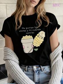 Camisetas Para Mujer AlgodónCamiseta Y2K divertida con diseño de elotes y un adorable personaje que sonríe ideal para amantes de la comida mexicana y la cultura pop. Perfecta para hacer una - Negro - Ver 6