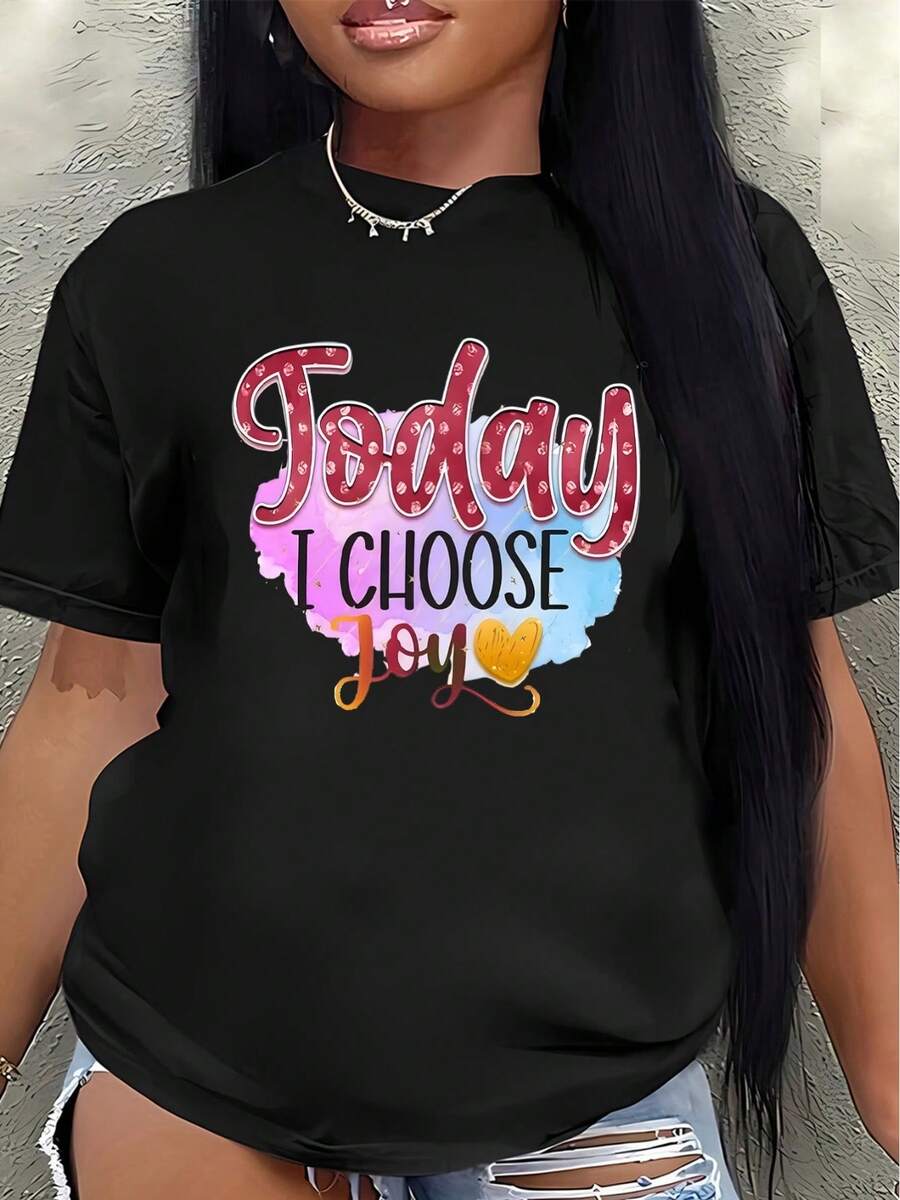 Women's Casual Short-Sleeved T-Shirt, Printed With The Phrase "Today I Choose To Be Happy," Is Suitable For Home, The Office, Or Going Out To Eat. It Features A Lightweight And Durable Design And A Comfortable Fit, With A Bright Heart-Shaped Print. Women's Blouses > Clothing - 黑色 - 查看 1