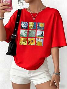 100% Cotton. Artistic Images Reflecting The Beauty Of The Starry Sky Alongside Sunflowers And Vibrant Landscapes In An Inspiring Composition. Women's 100% Soft And Comfortable Cotton T-Shirt. Women's Simple Solid Color T-Shirt, Loose And Slim Fit Casual Short Sleeve - 紅色的 - 查看 10