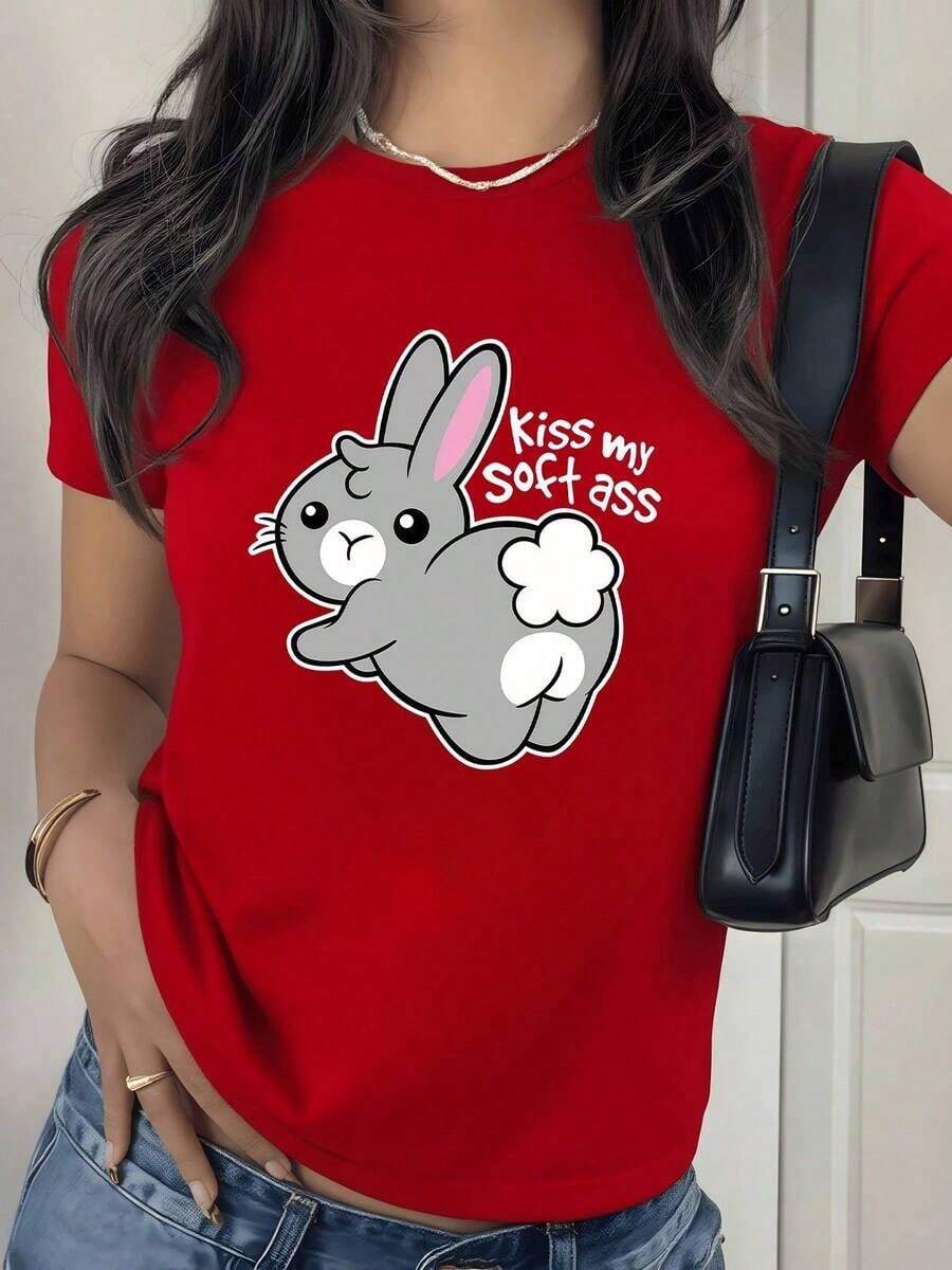 100% Cotton. Gray Rabbit With Pink Ears And A Friendly Expression Conveying A Fun And Carefree Attitude. Women's T-Shirt, 100% Cotton, 220g. Women's Simple Solid Color T-Shirt, Loose And Slim Fit Casual Short Sleeve - 紅色的 - 查看 1