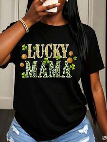 Women's Short-Sleeved T-Shirt With Shamrock And Gold Coin Print "Lucky Mama" For St. Patrick's Day Celebration, Women's Summer Casual Wear. - 黑色 - 查看 1