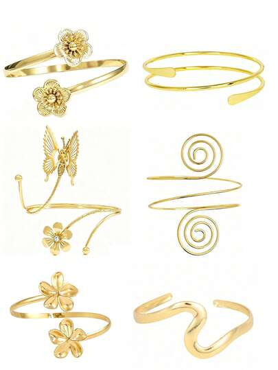 Bộ 6 vòng tay Boho Gold kiểu dáng cổ điển, họa tiết hoa bướm xoắn ốc sóng, vòng tay kim loại tối giản có thể điều chỉnh kích thước, thích hợp cho nữ dự tiệc cưới và đeo hàng ngày.