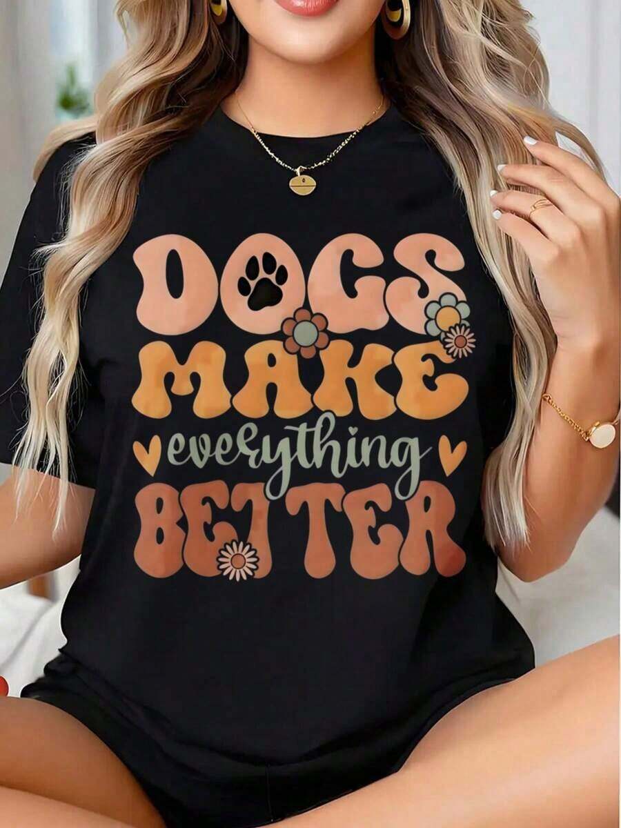 "Dogs Make Everything Better" Graphic T-Shirt For Dog Lovers, Gift For Pet Owners, Summer Casual Wear, Women's Top - Urban Vintage Style, Unisex, Loose Cotton Short Sleeve Crew Neck T-Shirt, 100% Cotton - 黑色 - 查看 1