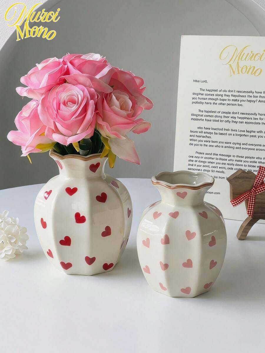 1 pieza Jarrón cerámico en forma de corazón rosa, decoración de dormitorio de alto valor con estilo europeo lindo, tamaño mediano, jarrón de estilo granja americana (artículo práctico), adecuado para decoración del hogar, boda, dormitorio, entrada, mesita de noche, minimalista elegante, decoración de mesa de comedor, regalo de jarrón para familiares y amigos