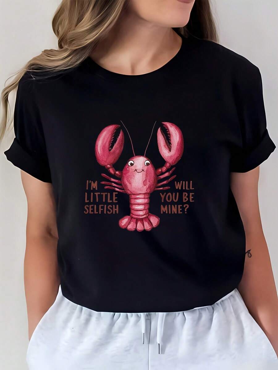 Women's 180g Lobster Design T-Shirt - Valentine's Day Gift Option, Casual Crew Neck Printed T-Shirt For Family And Friends - Could It Be Me? - Unisex Vintage Urban Style Short Sleeve Crew Neck Cotton T-Shirt - 黑色 - 查看 1