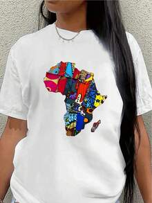 Camiseta de manga corta de poliéster, adornada con un vibrante patrón de mapa africano, ligera y duradera, adecuada para el hogar, restaurantes o uso casual al aire libre, con elementos culturales coloridos que complementan el ajuste cómodo. blusas para mujer>ropa - Blanco - Ver 7