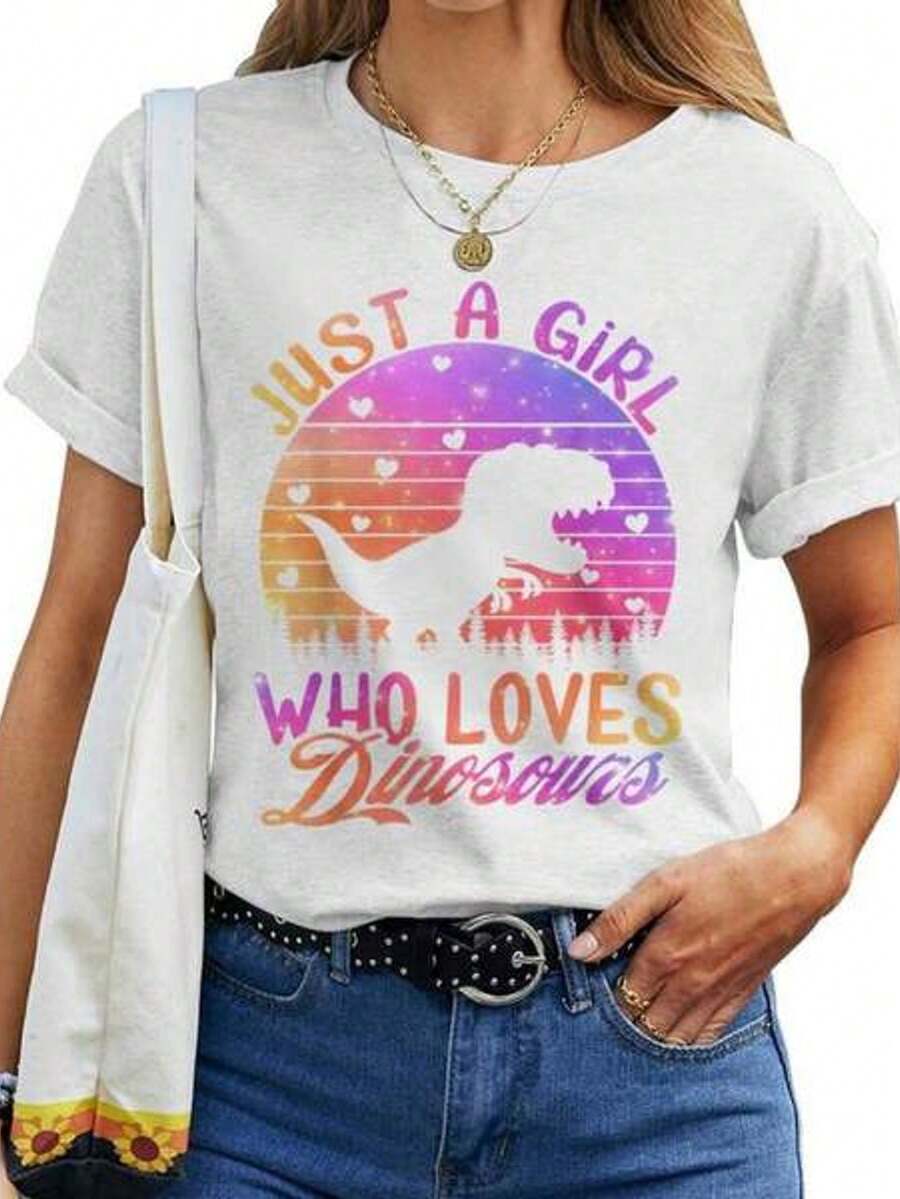 Women's Short Sleeve T-Shirt With Round Neck And Print "Only A Girl Who Loves Dinosaurs" S-3XL Fashionable, Comfortable And Breathable, Machine Washable - 白色 - 查看 1