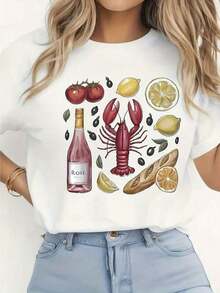 Women's Short Sleeve Crew Neck T-Shirt With Pink Lobster Wine Lemon Bread Tomato Print S-3XL Fashionable, Comfortable And Breathable, Machine Washable - 白色 - 查看 1
