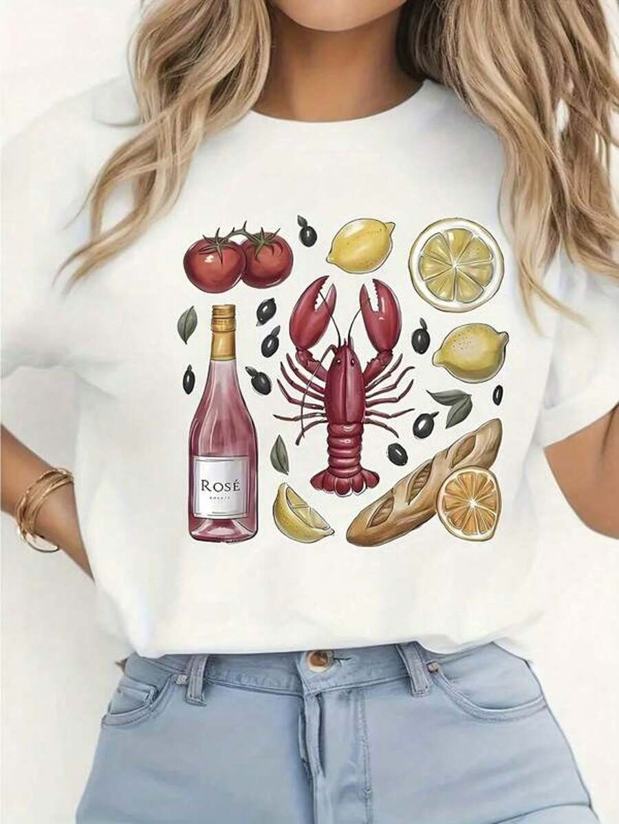 Women's Short Sleeve Crew Neck T-Shirt With Pink Lobster Wine Lemon Bread Tomato Print S-3XL Fashionable, Comfortable And Breathable, Machine Washable - 白色 - 查看 1