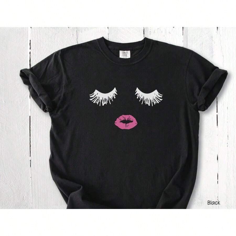 Camiseta con Gráficos de Pestañas y Labios: Camiseta para Maquilladores, Camiseta de Algodón Cómoda y Glamurosa para Chicas - Negro - Ver 1