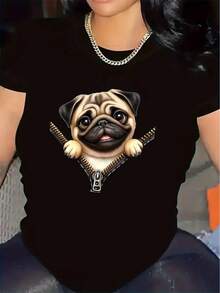 2026Camiseta gráfica de pug para mujer en blanco y negro - Algodón ligero, tejido suave, elegante diseño de cremallera de metal, perfecta para el hogar, sala de estar o cocina, ropa cómoda para el día a día, ropa casual |   Diseño divertido |   Camiseta de te - Negro - Ver 1