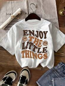 2026Camiseta Gráfica Retro para Mujer - Estampado de Cara Alegre "ENJOY THE LITTLE THINGS", Top Casual de Manga Corta y Cuello Redondo, Tejido Semitransparente y Transpirable, Camiseta Lavable a Máquina para Verano y Primavera, Camisetas para Damas, Camis - Blanco - Ver 10