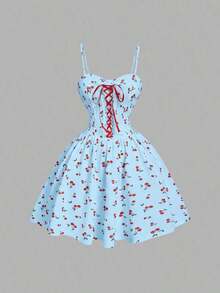 MOD Vestido elegante con bloqueo de color y cintura anudada con estampado de cerezas, ideal para verano, festivales, tropicales, vacaciones, coqueto, fiestas, fluido, té, brunch, estilo fairy core y atuendos elegantes para mujer - Gris - Ver 1