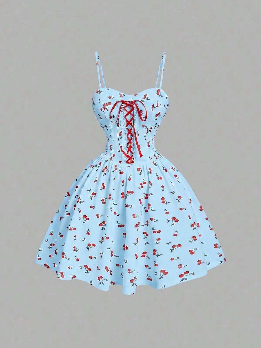 MOD Vestido elegante con bloqueo de color y cintura anudada con estampado de cerezas, ideal para verano, festivales, tropicales, vacaciones, coqueto, fiestas, fluido, té, brunch, estilo fairy core y atuendos elegantes para mujer - Gris - Ver 1