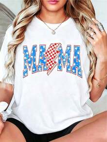 1 Piece Women's MAMA Graphic T-Shirt 100% Cotton, With American Flag Star And Lightning Bolt Print, Round Neck, Patriotic Casual T-Shirt For 4th Of July, Vintage Style, Streetwear For Mom, Soft. - 白色 - 查看 1