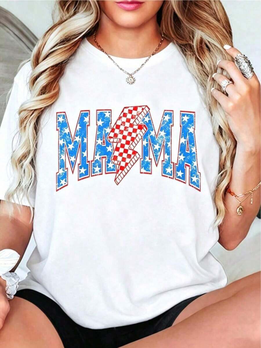 1 Piece Women's MAMA Graphic T-Shirt 100% Cotton, With American Flag Star And Lightning Bolt Print, Round Neck, Patriotic Casual T-Shirt For 4th Of July, Vintage Style, Streetwear For Mom, Soft. - 白色 - 查看 1