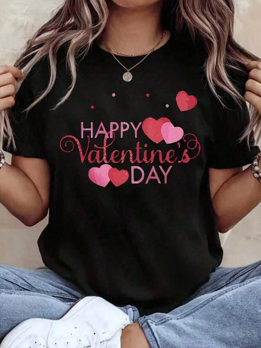 Women's Casual Crew Neck T-Shirt, Heart Print For Valentine's Day, Short Sleeve, Casual Valentine's Day Outfit For Women, Fashion - 黑色 - 查看 1