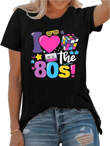 Simple And Versatile Design. Women's Fashion Graphic Tee With A Nostalgic 80s Print, Relaxed Fit, Casual Short-Sleeve Tee, Comfortable Cotton Blend Fabric, Ideal For Retro Style Lovers, Everyday Essential Clothing. Express Your Personality With A Unique Vintage Design! Cotton Tee - 黑色 - 查看 7