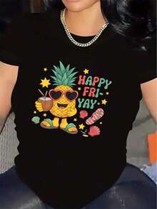 Camiseta de manga corta de poliéster Simplicity, estampada con un diseño de piña con la frase "Happy Friday", es ligera y duradera, adecuada para uso casual en casa, en la oficina o en restaurantes.El diseño divertido añade un toque de comodidad y estilo a la ropa de uso diario. - Blanco - Ver 6