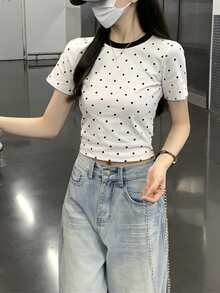 Summer Korean Style Polka Dot Youthful Round Neck Contrast Color Regular Shoulder Slimming Versatile Short Sleeve T-Shirt Top White Casual - White - View 1