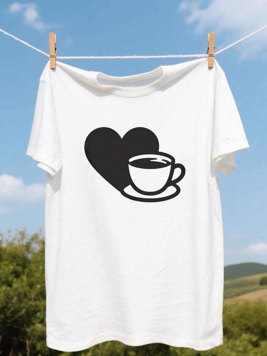 Women's Printed T-Shirt, Short Sleeve, Comfortable, Modern, Casual, Suitable For Everyday Wear, With Coffee Cup Print On A Heart-Shaped Background - High Quality - 白色 - 查看 1
