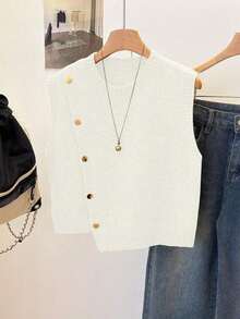 1 pieza Chaleco sin mangas de punto de unicolor con cuello redondo corto, diseño asimétrico con botones, accesorio de moda, chaleco versátil de punto para el verano - Blanco - Ver 8