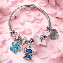 Lilo & Stitch Charm Bracelet, Silver Plated Snake Chain With Pink & Blue Crystal Charms, Ohana Inspired Bracelet For Women, Perfect Daily Wear & Gift - Bạc - Xem 3