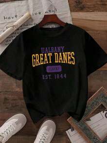 Wo's Heavyweight T-Shirt, Casual Crew Neck, Available In Black And White, UAlbany Great Danes Est. 1844 Print Varsity Style T-Shirts For Everyday Wear, Summer Tops, Graphic Tees, Summer Sets, Crop Tops, Vintage Cotton Clothing, Cute Clothes, Best Seller - 黑色 - 查看 3