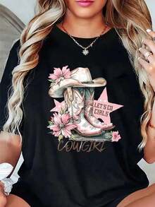 Camiseta de manga corta para mujer, 100% algodón de alta calidad, con estampado 'Let's Go Girls Cowgirl' y diseño de sombrero y botas de vaquera con flores rosas, elegante para eventos de música country y atuendos cotidianos. Éxito de . - Negro - Ver 1