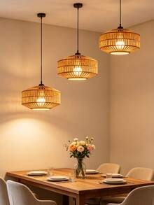 1pc Bohemian Style Woven Rattan Lampshade, Vintage Handmade Cage Pendant Light / Ceiling Light Shade, Home Decor - Semicircle - View 2