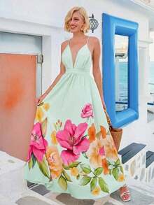 Vestido de mujer con cuello en V profundo, espalda descubierta y estampado floral para vacaciones de verano y playa - Verde - Ver 8