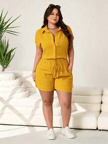 SDHT  New Casual Vacation Loose Women Texture Fabric Button Front Shirt And Knotted Shorts 2pcs Set, Summer,Summer Set. - 黃色旗艦版 - 查看 6