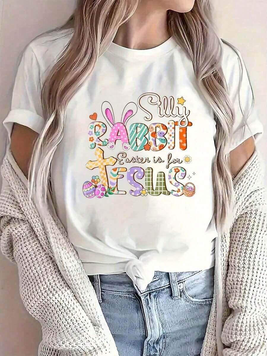 Camiseta Moderna y Minimalista para Mujer con Diseño Divertido 'Pascua Es Para Cristianos' -- Diseño Religioso de Conejito Juguetón, Camiseta de Manga Corta, Ligera, Cuello Redondo, Ropa de Iglesia, Ropa de Fe para el Domingo de Pascua y Primavera, Casual para el Día a Día - Blanco - Ver 1