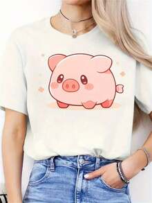 Lovely Pig, Gift, Directional Backgrounds, New Women's Casual Crew Neck Sports T-Shirt For All Seasons. Casual Blouses For Ladies - 白色 - 查看 3
