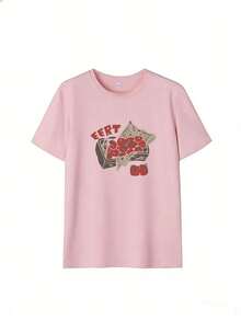 Strawberry Print T-Shirt With "EERT" Text,  Short-Sleeve T-Shirt For Spring/Summer 2026, Made In Mexico, 180 Grams. Cartoon Print, Couple Design, Suitable For Indoor Or Outdoor Wear. Crew Neck, Unisex, Ideal For Office And Leisure. One-Pack. - PK-P631577SLNDXZGY636 - 查看 2
