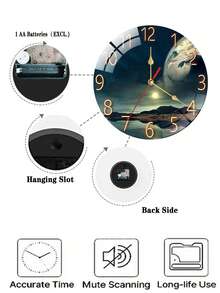 1PC Silent Wooden Wall Clock Silent Round Wooden Wall Clock - Earth Landscape Design, Battery-Powered Decorative Timepiece For Living Room Or Kitchen, Modern Style, Clock Wall Decor - Multicolor - View 6