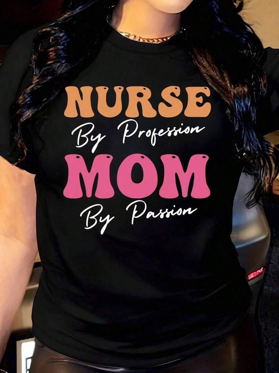 Women's T-Shirt, Nurse By Profession, Mom By Passion, Casual Round Neck, Short Sleeve, Suitable For Daily Outdoor Wear, Perfect For All Seasons. - 黑色 - 查看 1