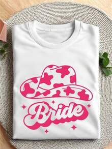 Camiseta Divertida Retro Nashville para Hombres y Mujeres - Sombrero de vaquero rosa con texto de novia combinado con motivos de corazón y herradura - Camiseta de algodón blanca de manga corta, adecuada para despedidas de soltera, atuendos para invitados de boda, uso casual. - Blanco - Ver 1