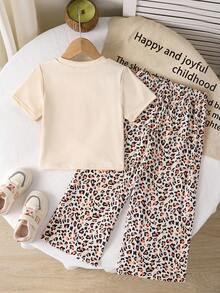 Girls' Summer Chic Leopard Print 2 Pieces Set: Apricot Leopard Print Bow Short Sleeve T-Shirt + Pink Trim Leopard Print Wide Leg Pants - Apricot - View 2