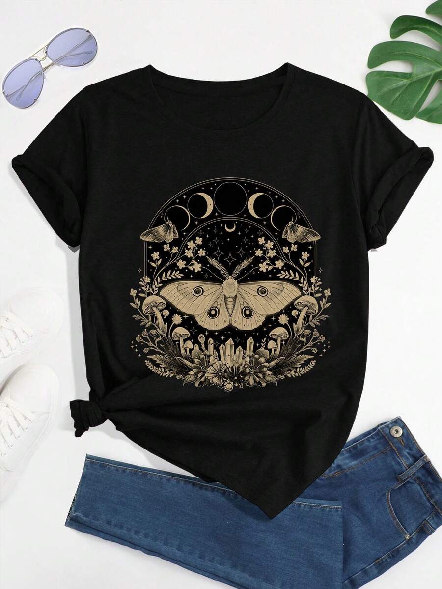 Camiseta unisex, lindaFairycorePolillaTherianEstéticaFloralImprimirCamisetaCortoMangaTripulaciónCuelloInformalSuperiorparaVerano&PrimaveraMujeresRopademujer,blusasparamujer,topsdemujer,playerasdemujer,DailycasualConjunto, RegularAjuste, DiarioCoincidencia, GráficoEstampado, Deportivocasual - Negro - Ver 1