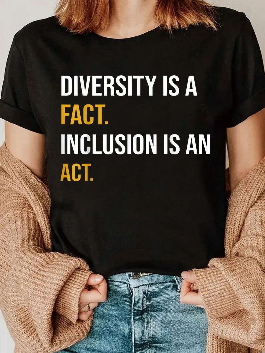 Camiseta Deportiva Casual para Mujer con Mensaje de Diversidad - Camiseta Negra Elástica de Cuello Redondo, Lavable aáquina, Ajuste Cómodo para Todas las Estaciones, para Celebrar la Inclusión y la Diversidad. - Negro - Ver 1