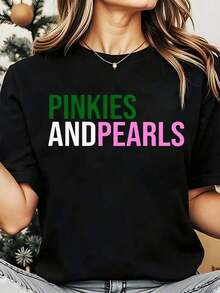 Women's Crew Neck T-Shirt With Pinkies And Pearls Print, Casual, For Summer, Vacation And Parties, 220g, Loose Fit T-Shirt For Women - 黑色 - 查看 7