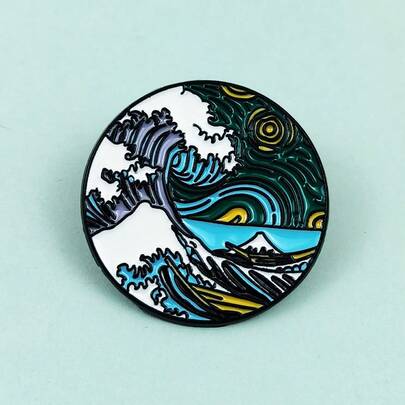 Creative Wave Oil Painting Round Brooch, Niche Abstract Starry Sky Pin Decor, Enamel Metal Badge Accessory