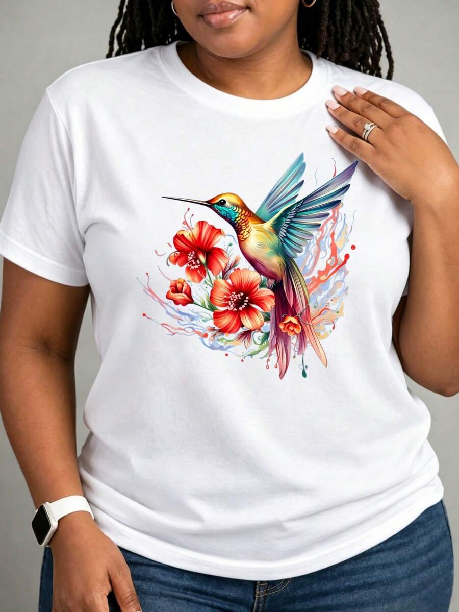 Camiseta Estampada para Mujer - Camiseta Casual de Manga Corta y Cuello Redondo en Color Blanco con Vibrante Diseño Multicolor de Colibrí. Con un Corte Relajado para Todas las Estaciones, Perfecta para el Uso Diario y Atuendos de Vacaciones (Lavable aáquina). - Blanco - Ver 1