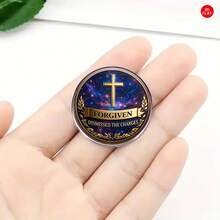 2D Flat Christian Faith Stainless Steel Brooch, Unisex FORGIVEN Cross Theme Badge, Starry Sky Background + Golden Wheat Design, Personalized Religious Accessory, Suitable For Daily Wear, Faith Expression, Gift, Wear-Resistant, Non-Fading, Displaying Spiritual Connotation, Fashionable And Faith Fusion Unique Brooch - A - View 3